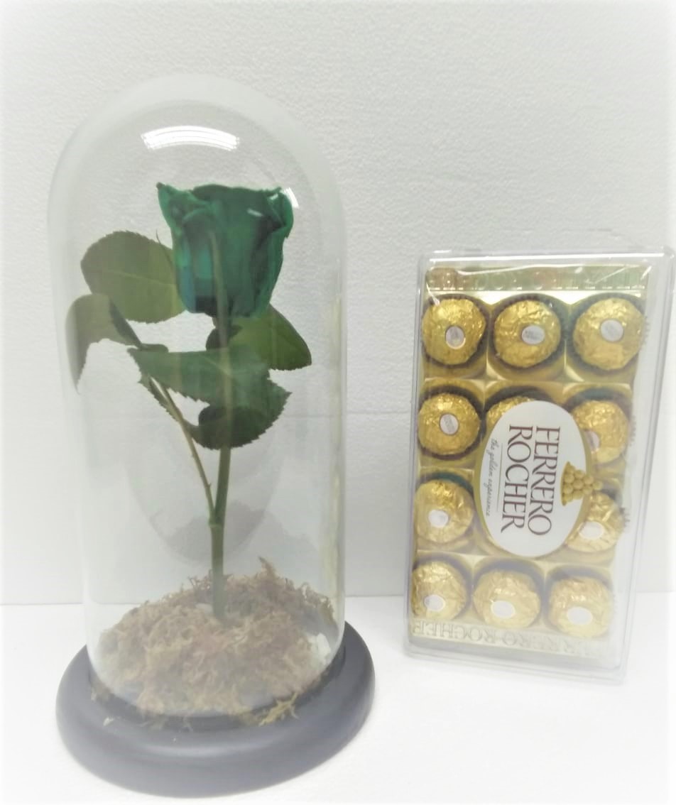 Rosa Preservada con tallo en Cpula y Bombones Ferrero Rocher 150 grs