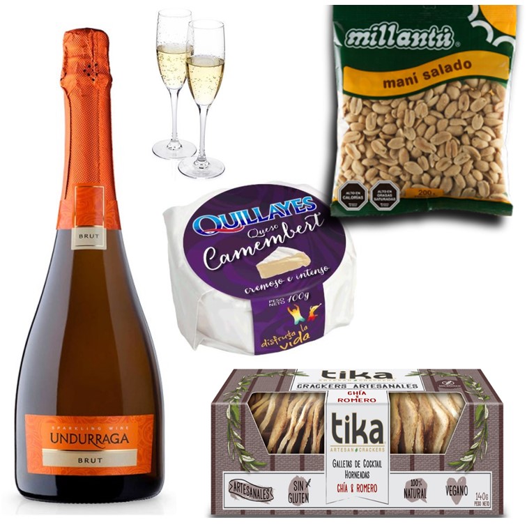 Champagne 750 cc, Queso Camembert, Galletas Crackers Artesanales, Man y Copas
