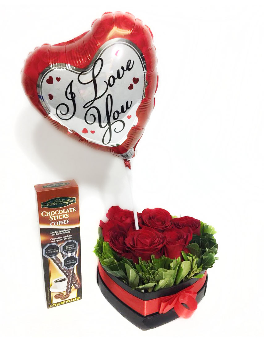  Caja corazn con 6 Rosas ms Palitos de Chocolate de 75 Grs y Globito