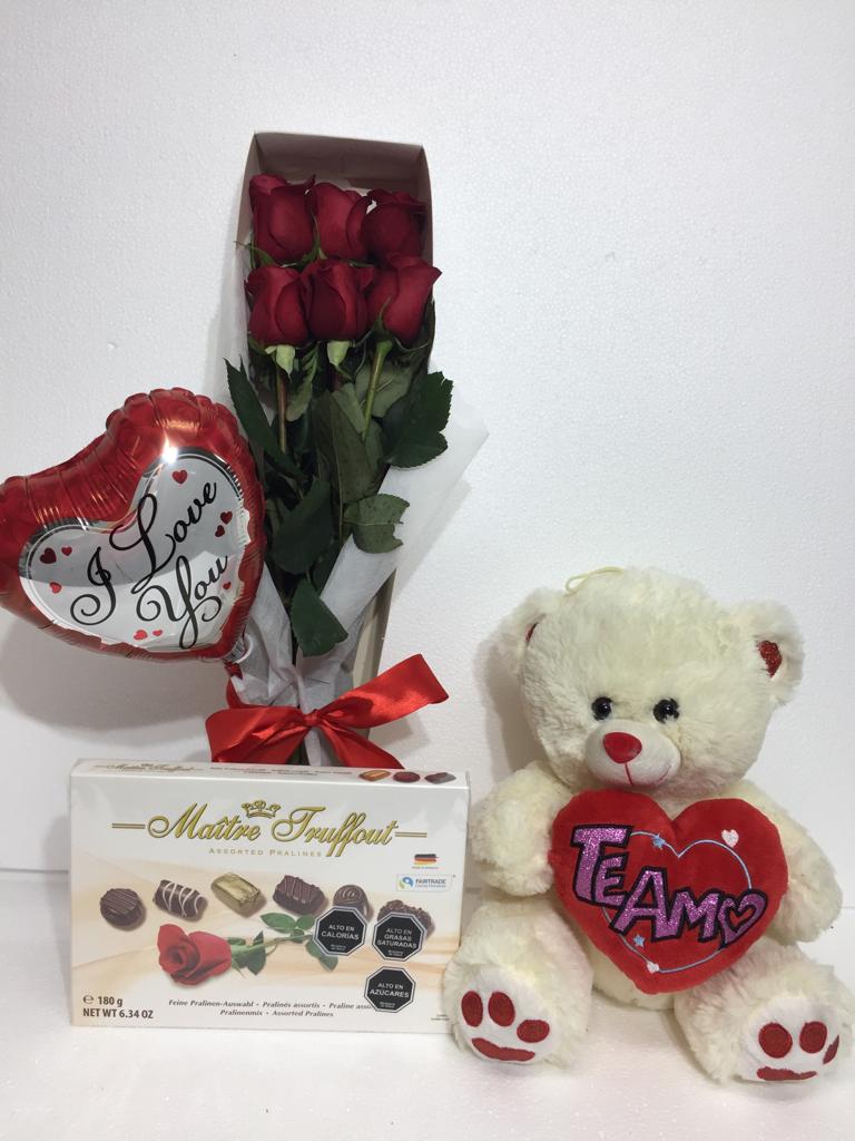 Box San Valentín 6 Rosas, Bombones y Peluche Oso Corazón