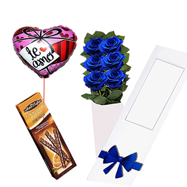 Caja de 06 Rosas Azules más Globito y Palitos de Chocolate
