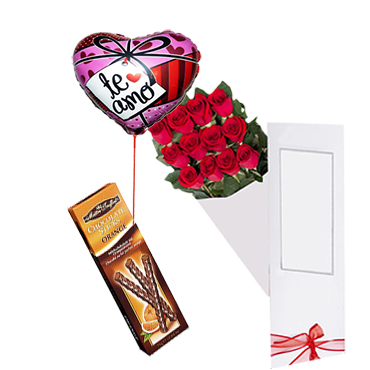 Caja de 12 Rosas ms Globito y Palitos de Chocolate