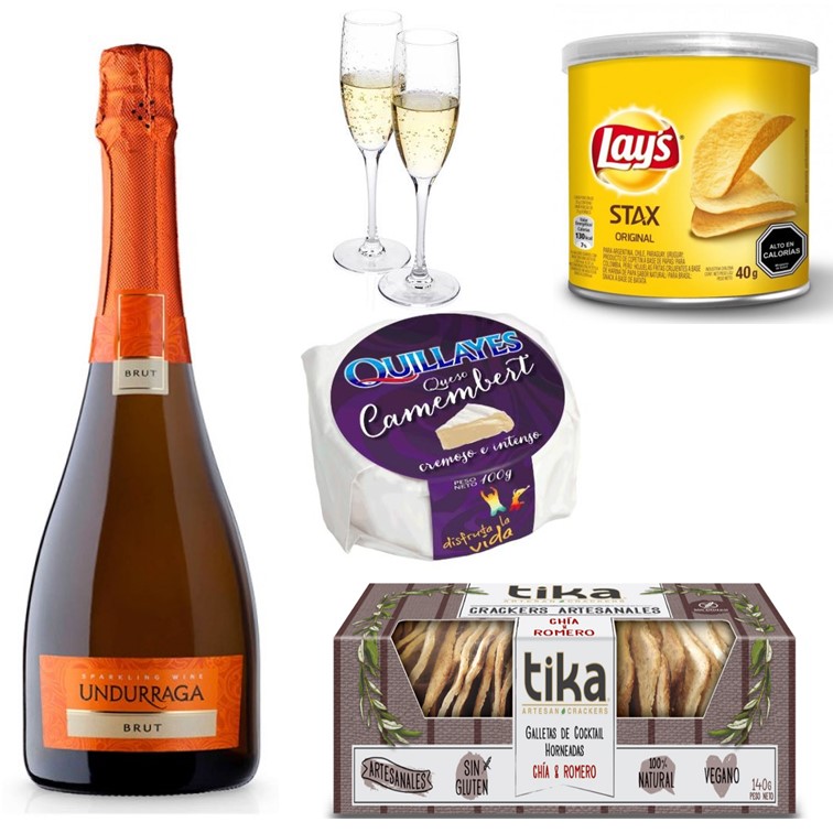 Champagne 750 cc, Queso camembert, Galletas Crackers Artesanales, Papas Fritas y Copas