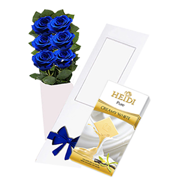 Caja de 06 Rosas Azules más Tableta de Chocolate Blanco Heidi Pure 80 Grs