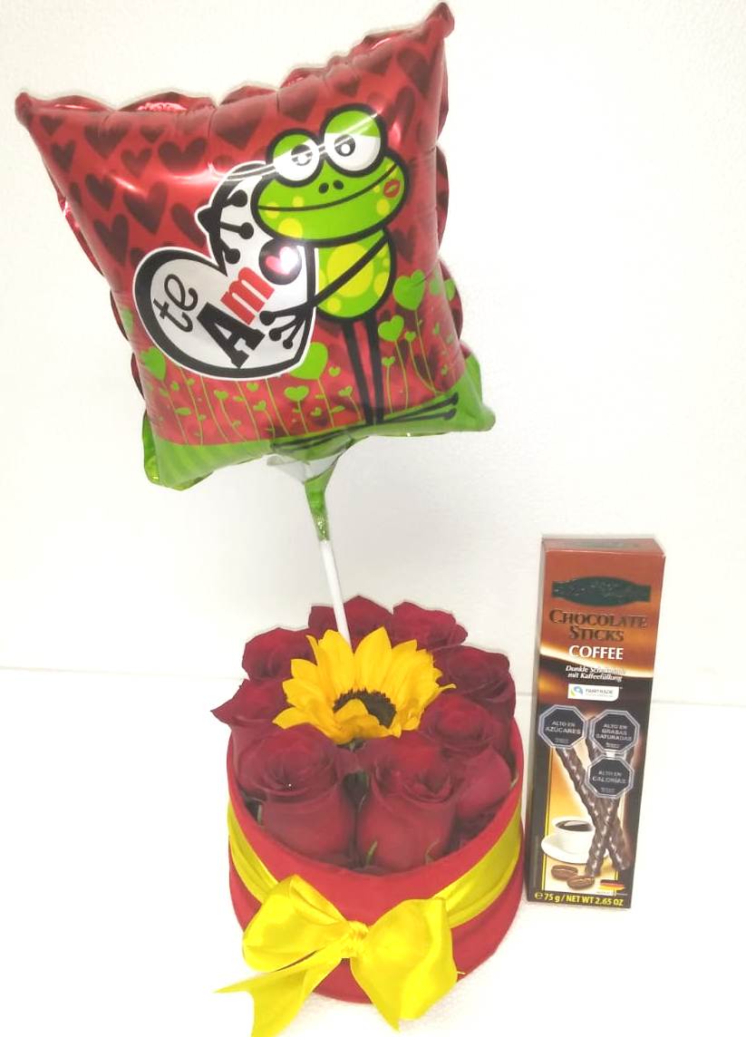 Caja Redonda 8 Rosas y 1 Girasol, Palitos de Chocolate 75 grs Globito
