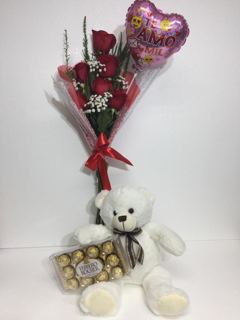 Ramo de 06 Rosas más Bombones Ferrero Rocher de 150 Grs , Peluche de 30 cm y  Globito 