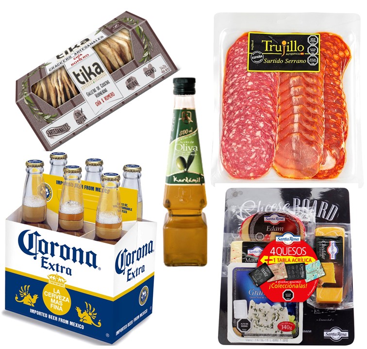 Cerveza Corona, Tabla 4 Quesos, Surtido Serrano, Galletas Crackers y Aceite