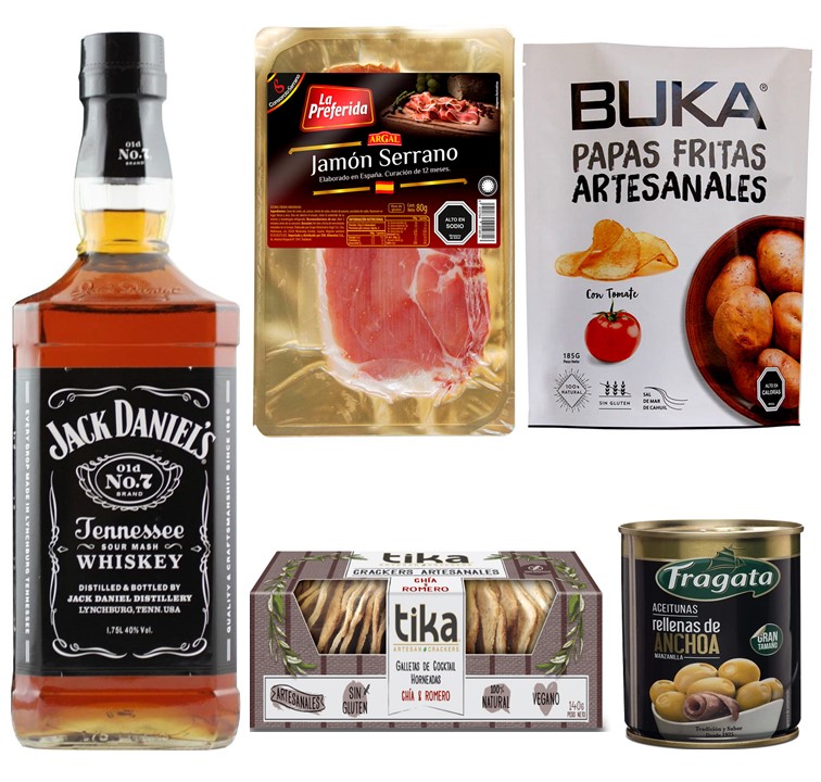 Whisky Jack Daniels, Tabla 5 Quesos, Surtido Serrano, Galletas Crackers y Aceite